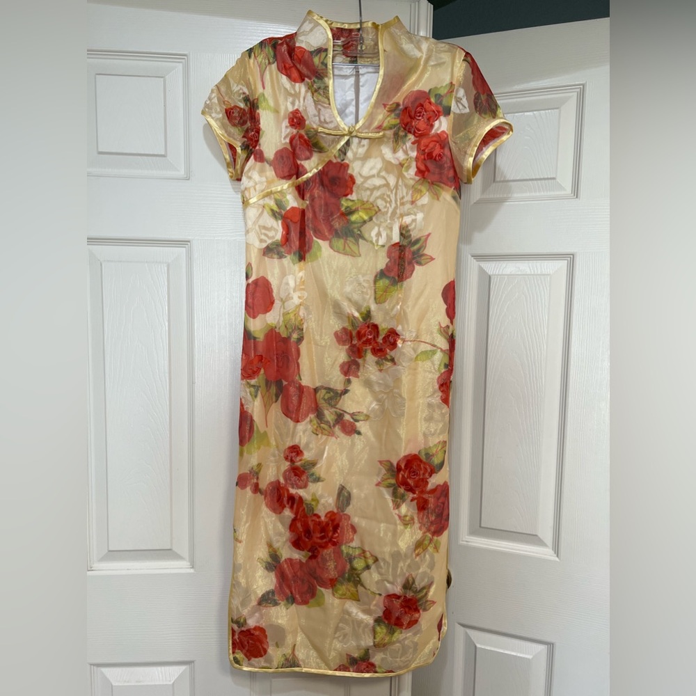 Floral Gold Cheongsam Dress with Red Rose Print